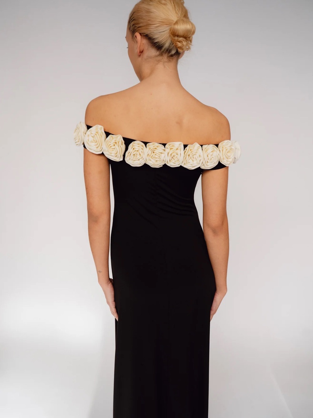 Off-Shoulder Black Maxi Dress with Cream Rose Trim - Picture 3 of 5